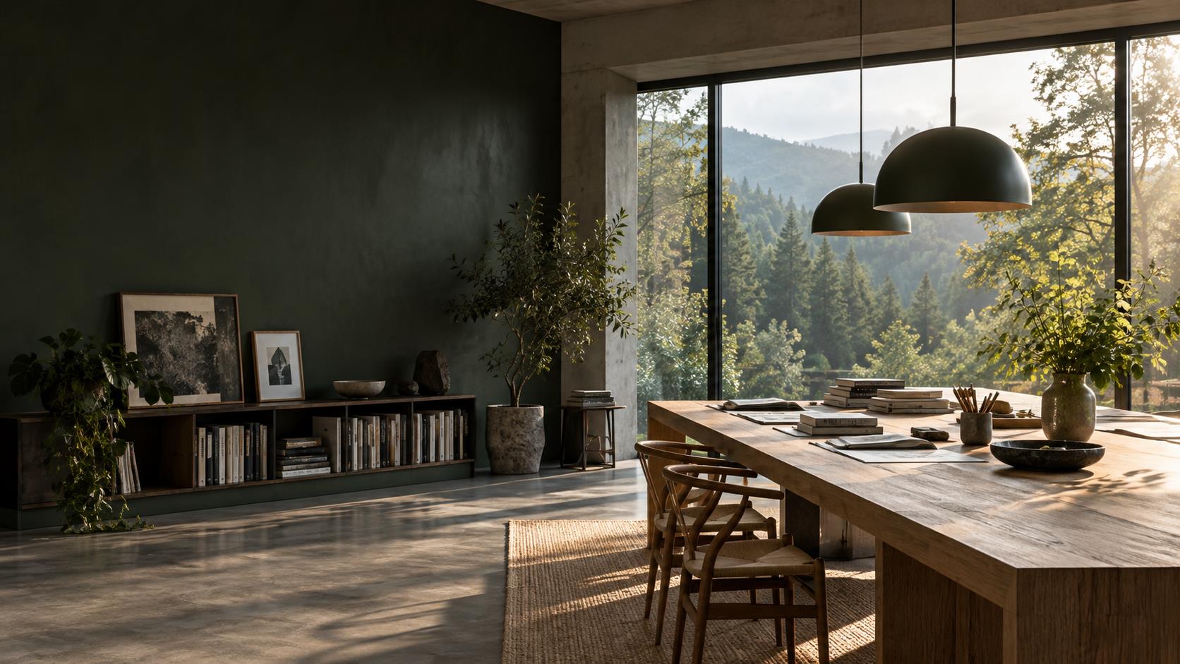 Lichtdurchflutetes Kreativstudio mit Holztisch und Blick ins Grüne